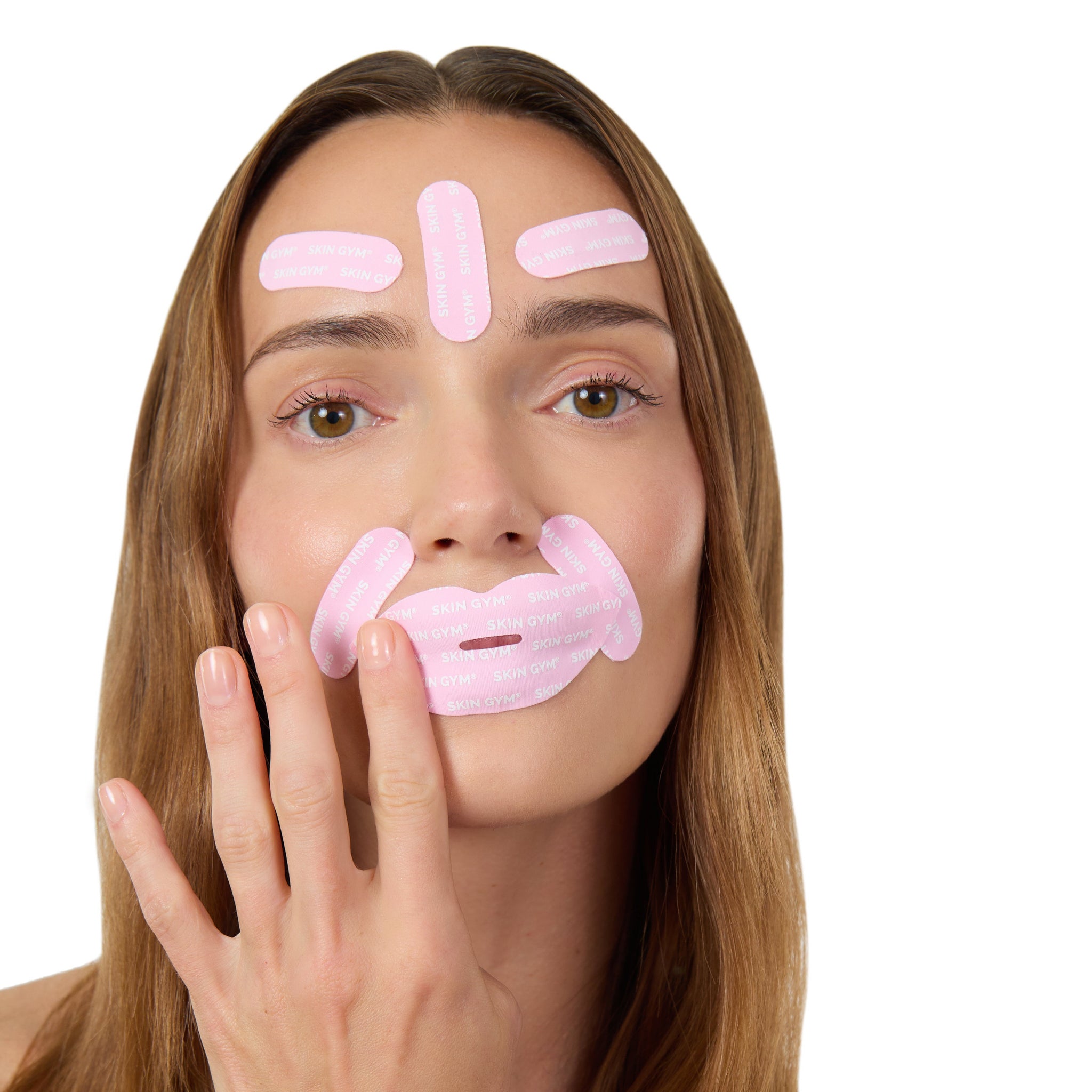 Woman using Skin Gym's Face Tape and Mouth tape